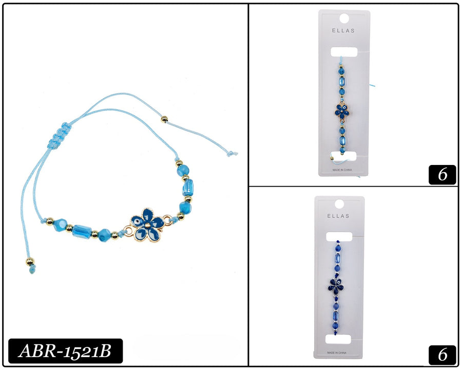 Blue Flower Drawstring Bracelet with Beads