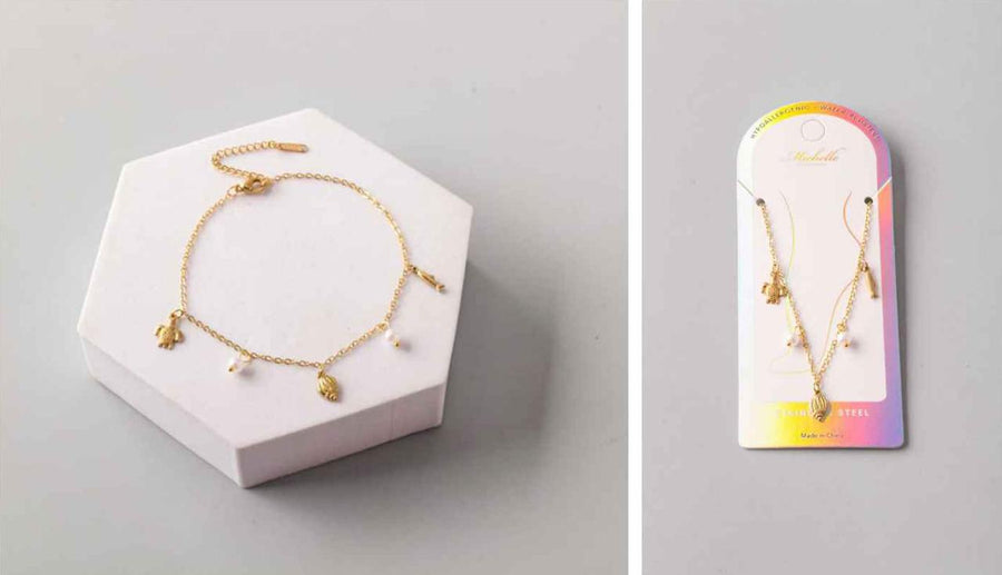 Stainless Steel Marine Pearl Charms Chain Anklet