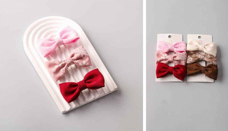 Red Pink Embroidered Floral Linen Bows, 3 per card