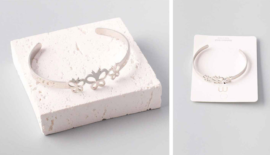 Stainless Silver Cuff Bracelet Flower and Butterfly