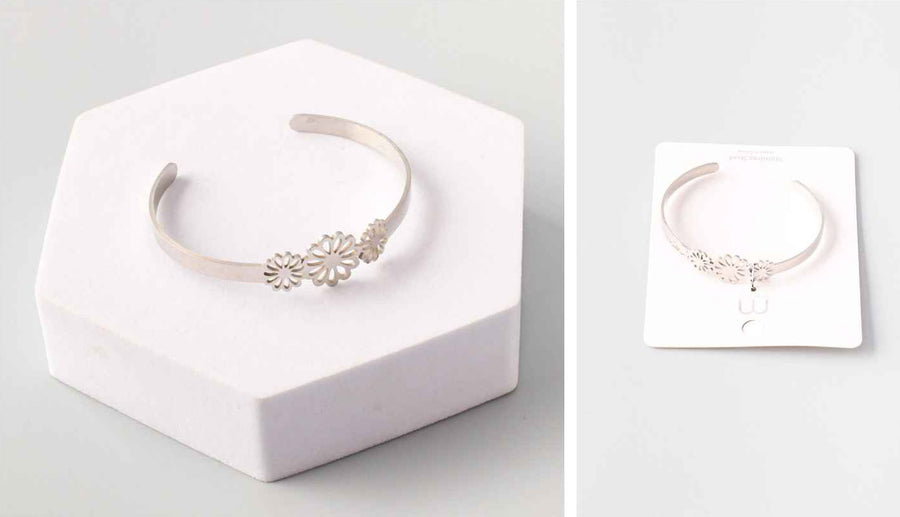 Stainless Silver Cuff Bracelet Flower and Butterfly