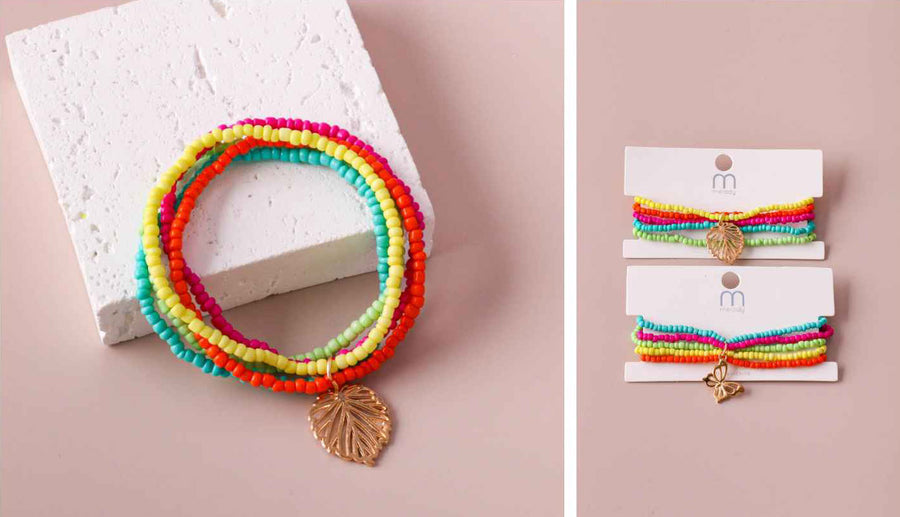 Seed Bead Bracelet Set with Leaf and Butterfly Charm