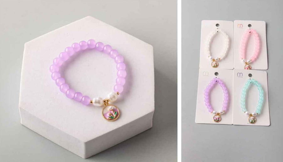 Beaded Flower Charm Stretch Bracelet