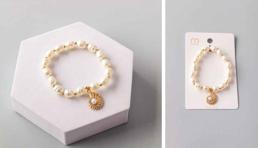 Faux Pearl Stretch Braclet with Shell Charm