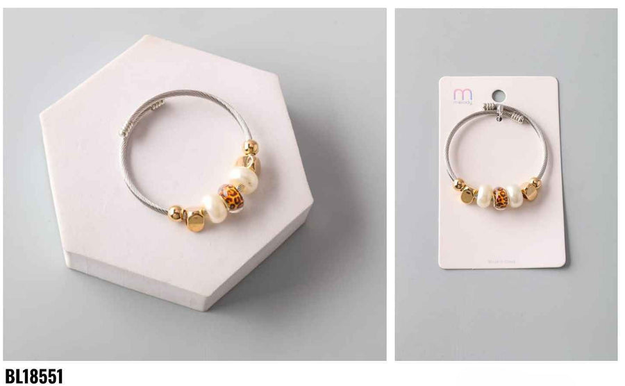 Leopard Pearl Bead Metal Wrap Bracelet