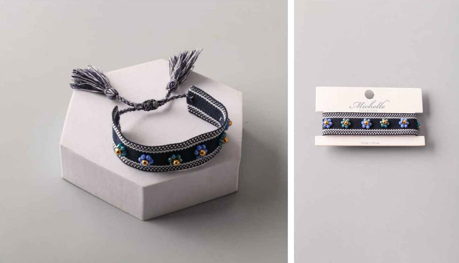 Woven Bracelet Black Blue Beads