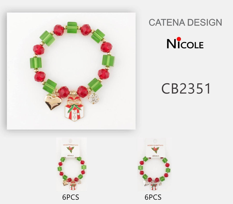 Holiday Present Charm Bracelet W/Green & Red Beads