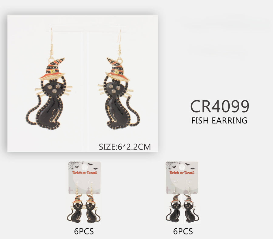 Halloween Cat in Witches Hat Dangle Earrings