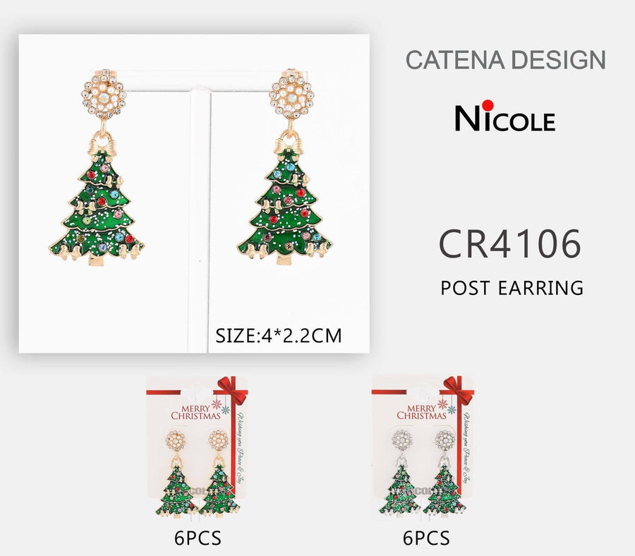 Merry Christmass Enamel Tree w/Bow Topper Dangle Earrings