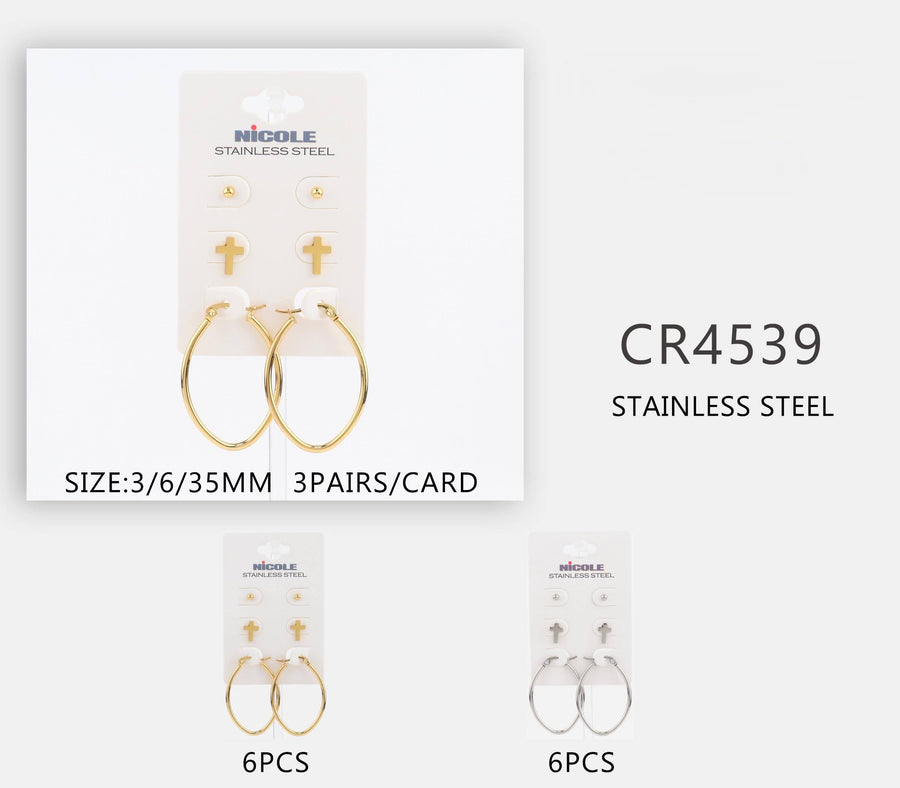 Cross Stud and Hoop Earring Set Stainless Steel