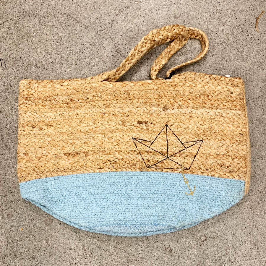 Light Blue Bottom Jute Beach Bag
