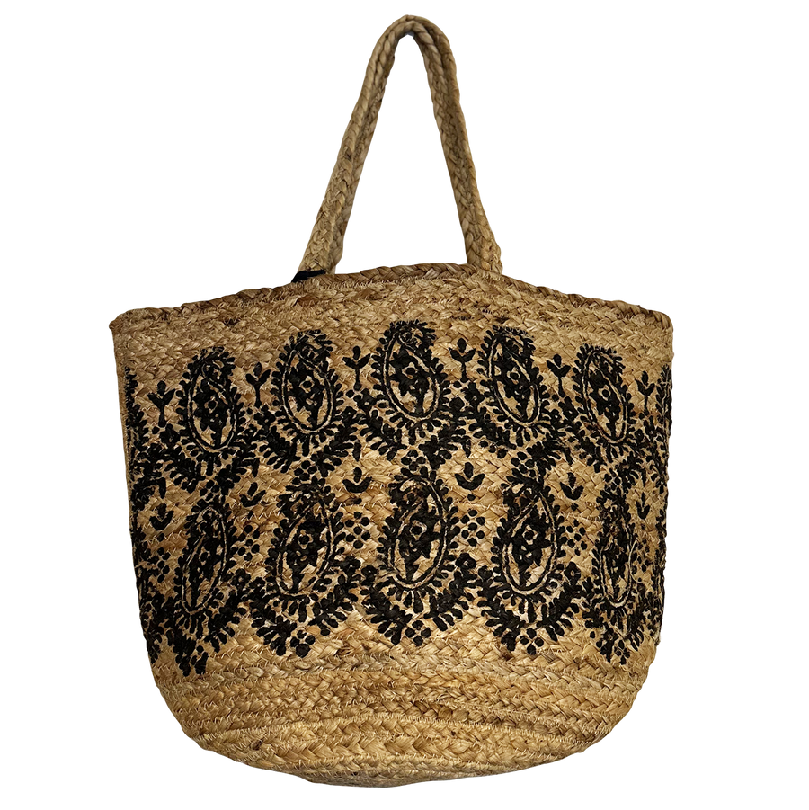 Jute Cotton Beach Tote with Paisley Print