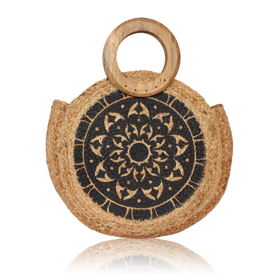 Round Jute Bag with Wooden Handle, Black Mandala pattern