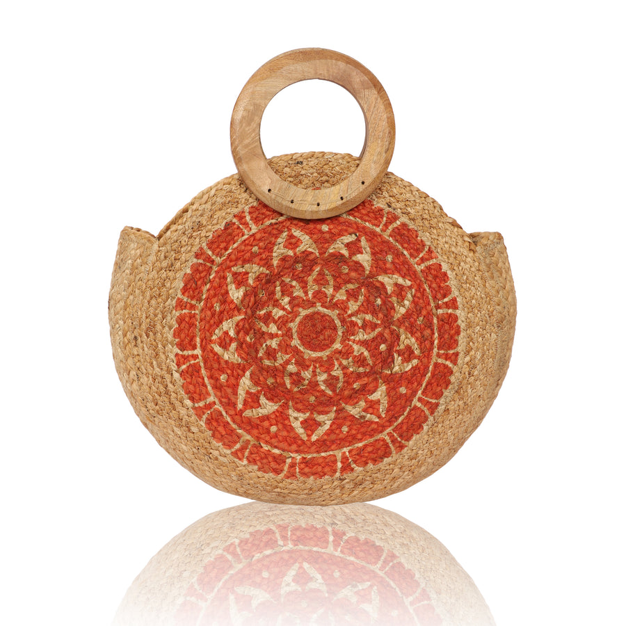 Round Jute Bag with Wooden Handle, Red Mandala pattern