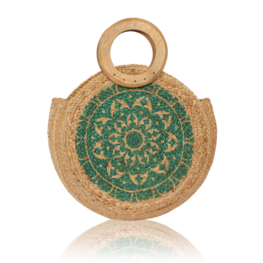 Round Jute tote Bag with Green Mandala pattern and wooden handle