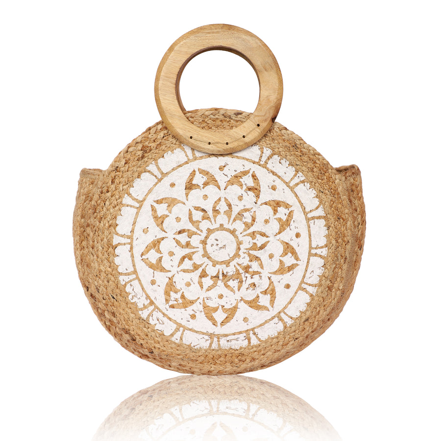 Round Jute Bag with Wooden Handle, White Mandala pattern