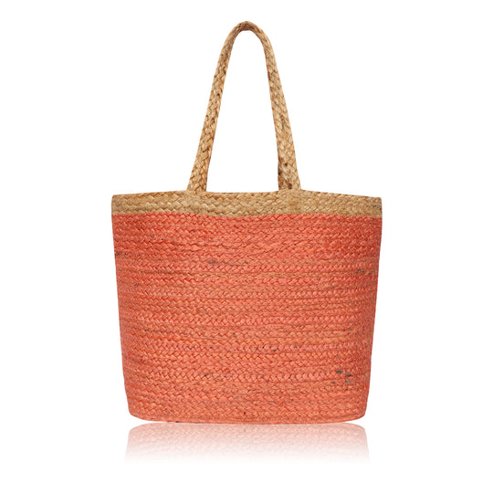 Coral and Natural Jute Tote Bag