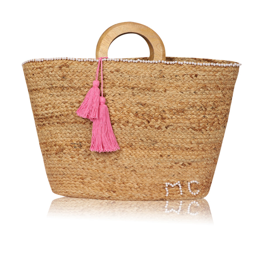 Tote Bag Jute Cotton Natural with Pearl Border and wooden handle