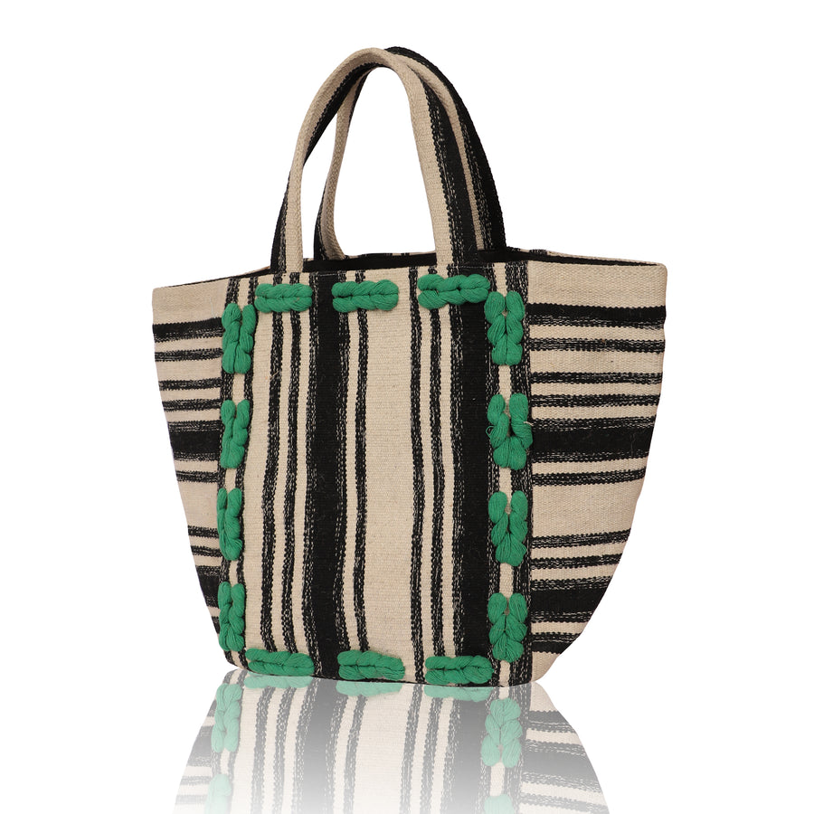 Tote Bag Jute Cotton Green White and Black Weave CS2129