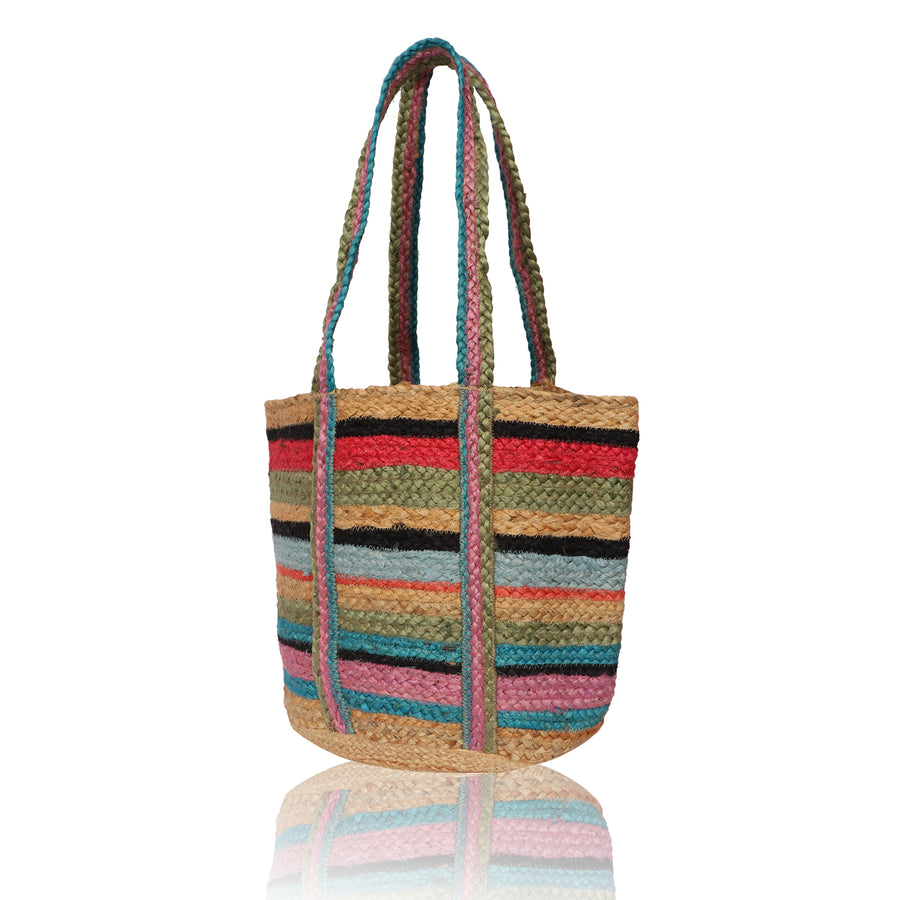 Colorful Stripes Jute Beach Bag