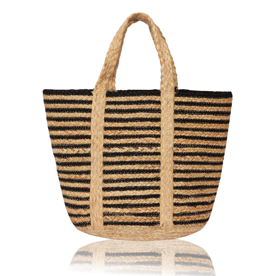 Tote Bag Jute Cotton Black White Stripes