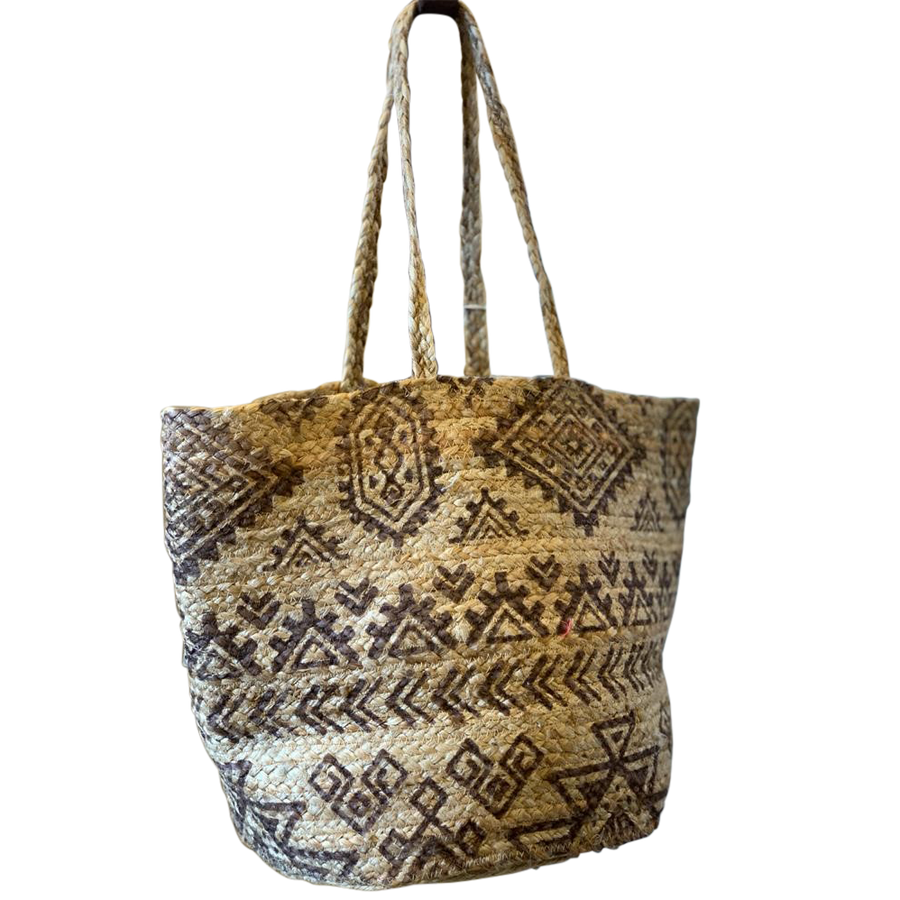 Brown Block Printed Handcrafted Jute Tote Bag