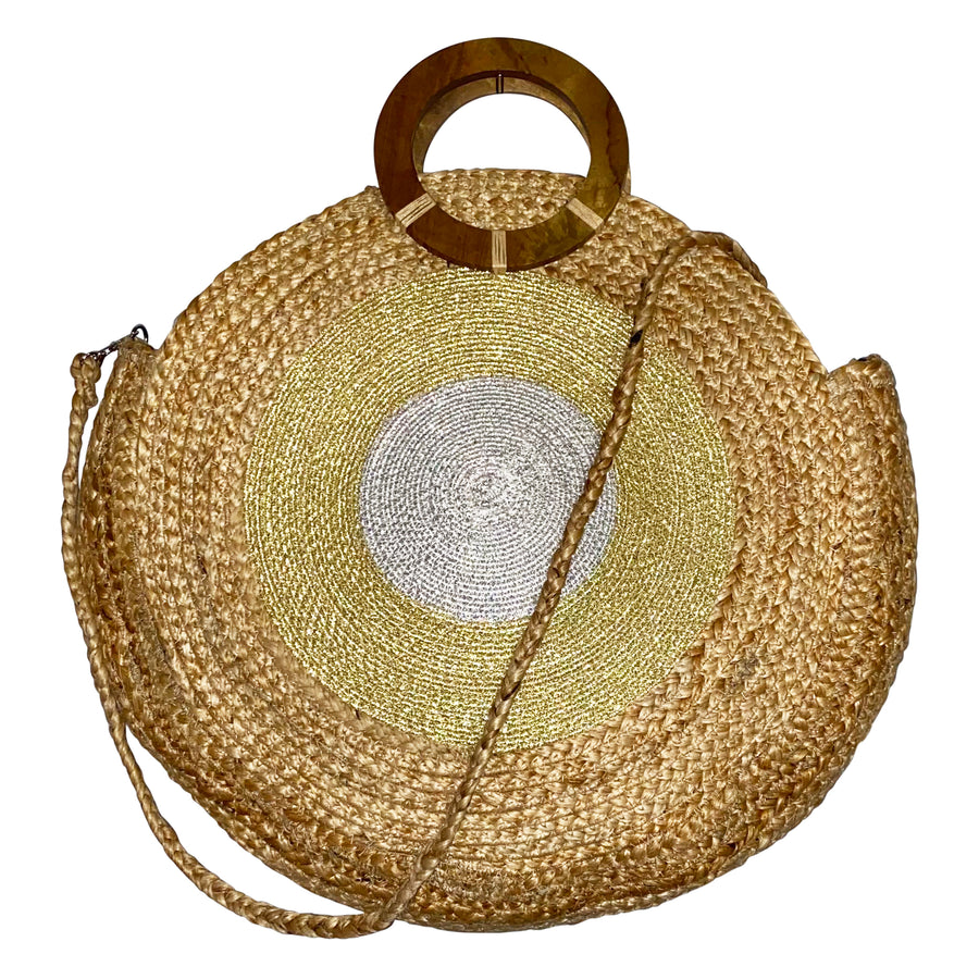 Gold Silver Medallion Jute Beach Tote Bag Wood Handle