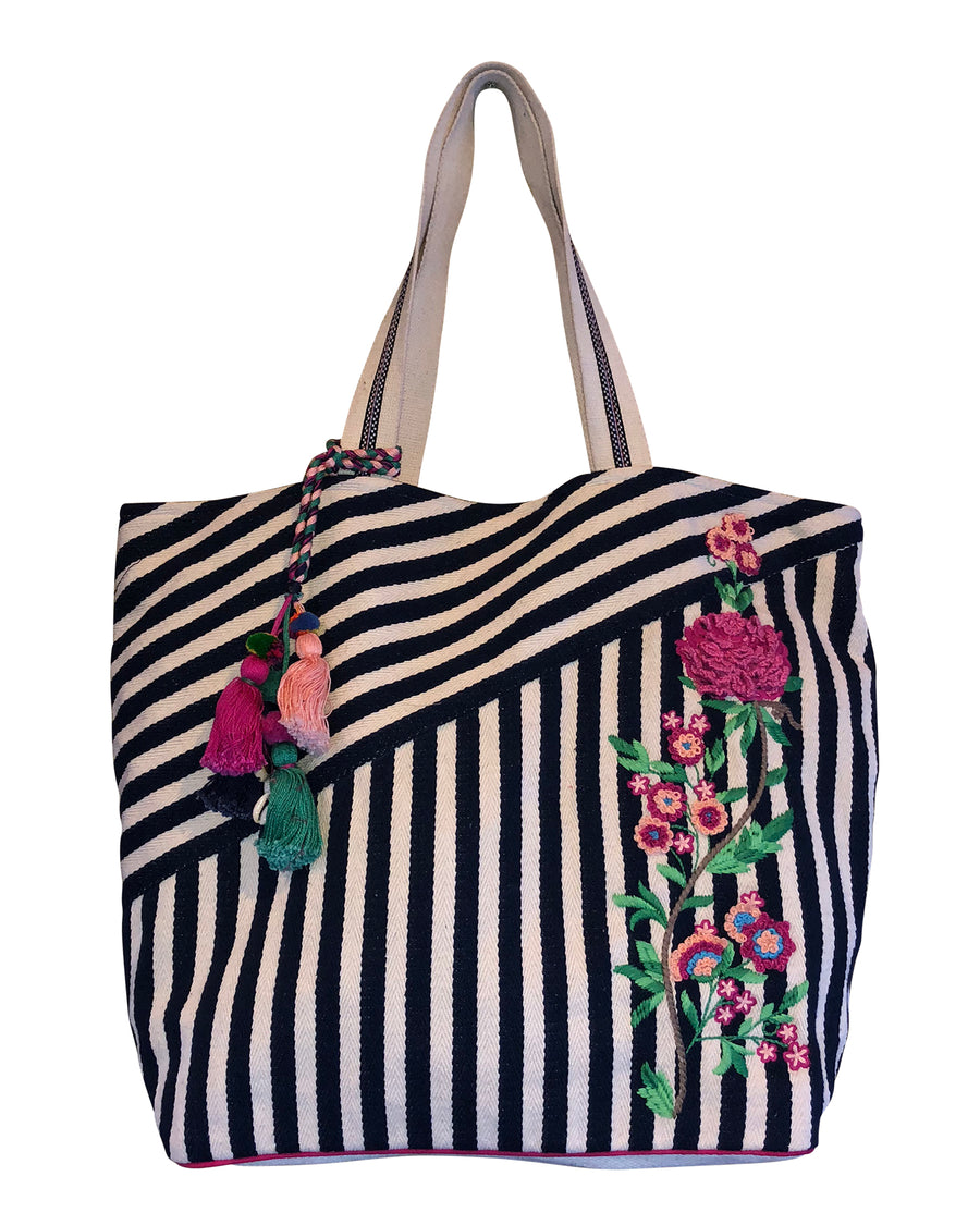 Navy and White with Roses Beach Tote