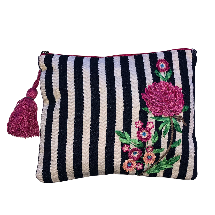 Navy and White Stripes with Roses Pouch
