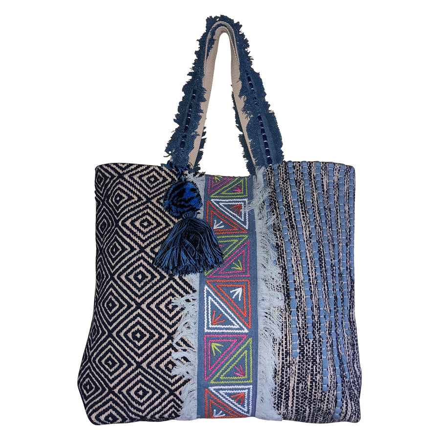 Blue Stripes with Triangle Embroidery Tote Bag