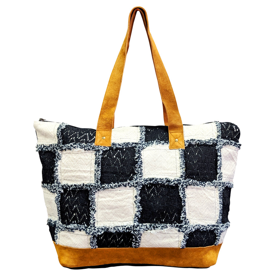 Black White Checker Handbag with Leather