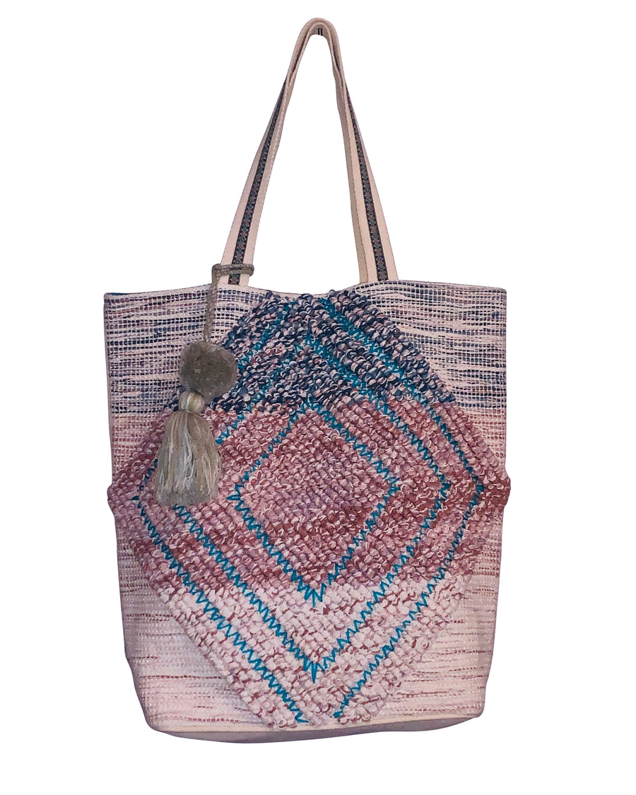 Beige and Turquoise Diamond Patterned Tote