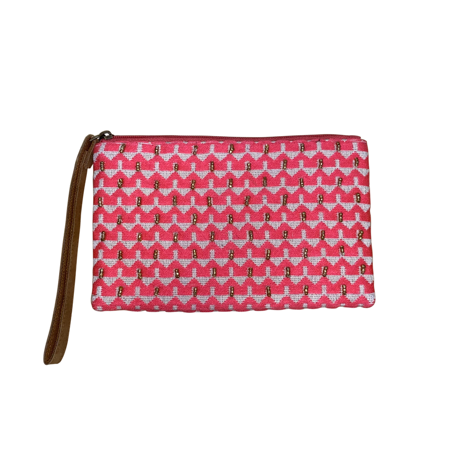 Pink White Triangles Beaded Wristlet