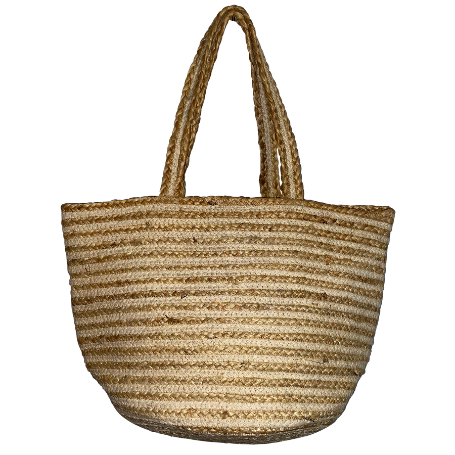White Stripe Cotton Canvas Jute Tote Bag