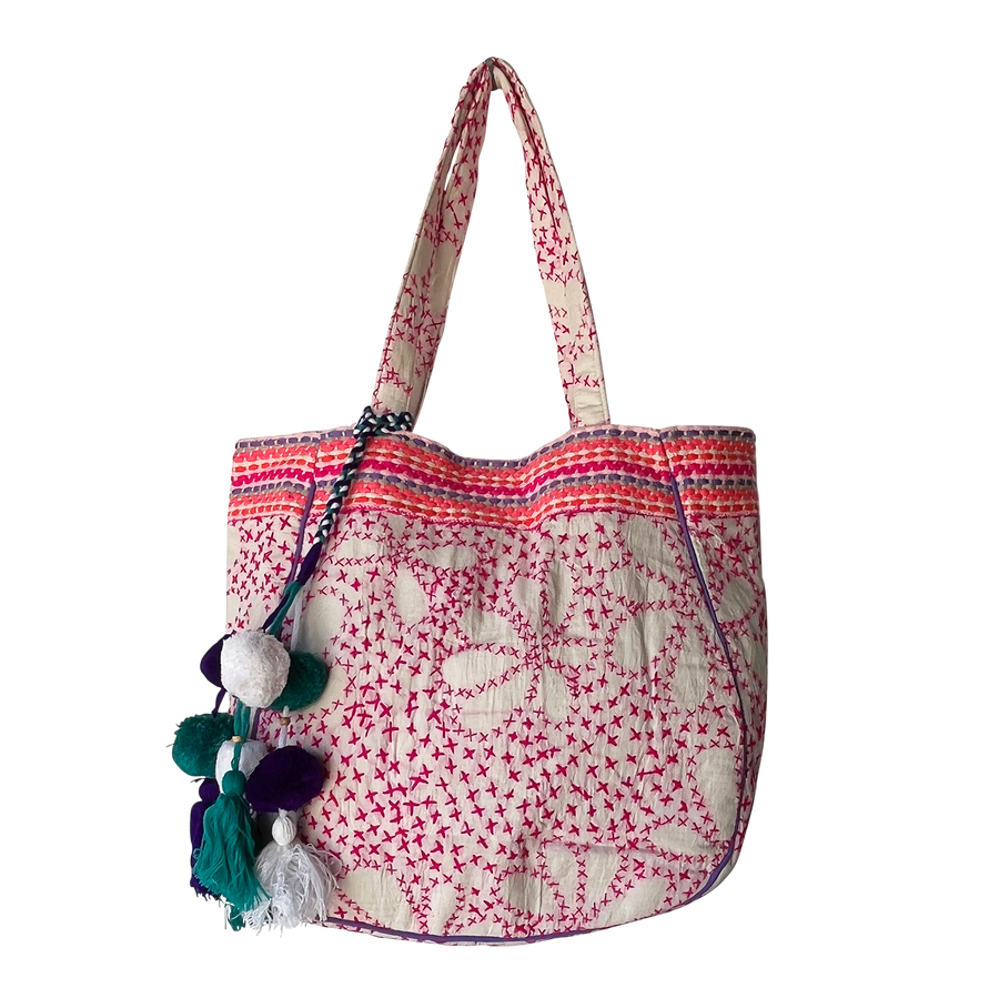 Pink X Flower Tote Bag with Tassels
