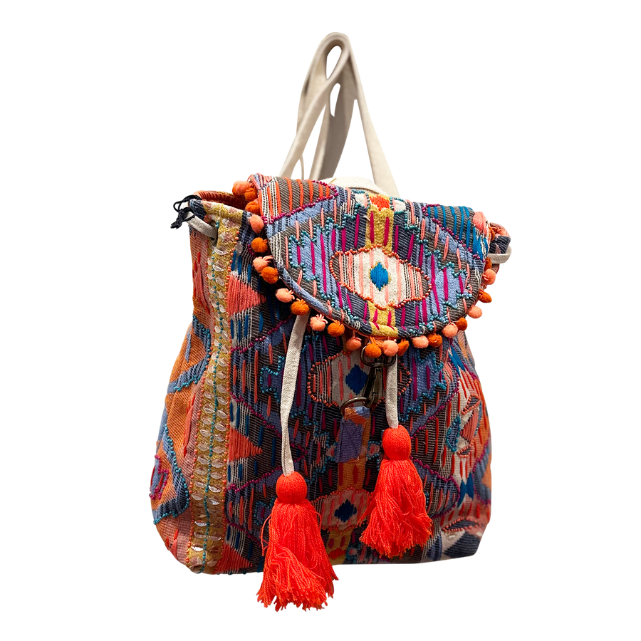 Coral Turquoise Aztec Beaded Cotton Backpack