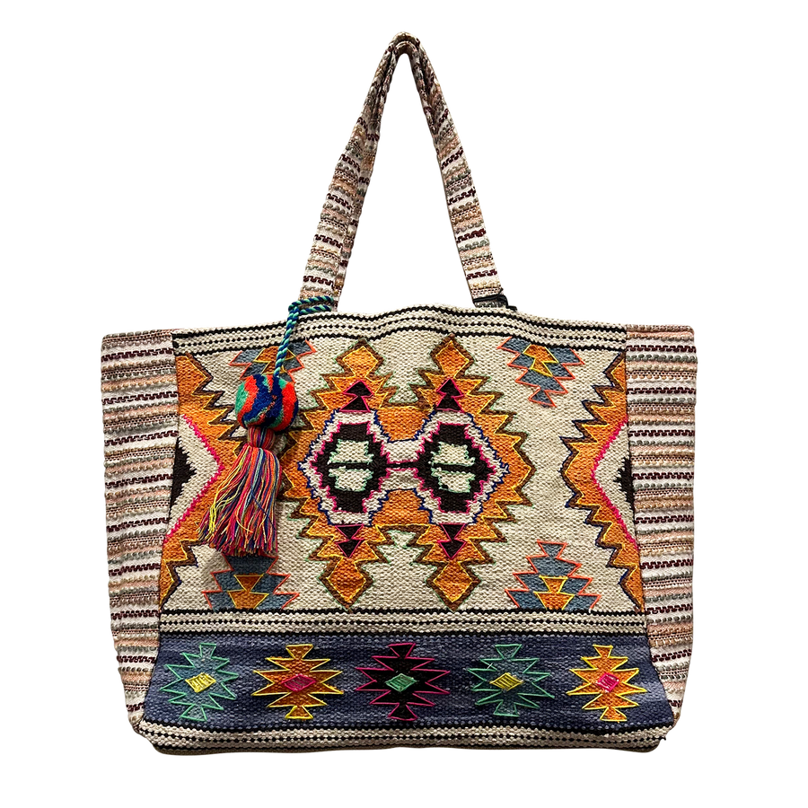 Orange/Beige Geo Aztec Tapestry Pure Cotton Women's Tote Bag