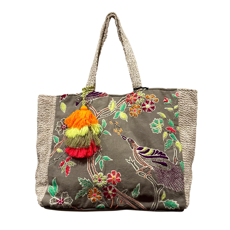 Beaded Birds Embroidered Tote Bag
