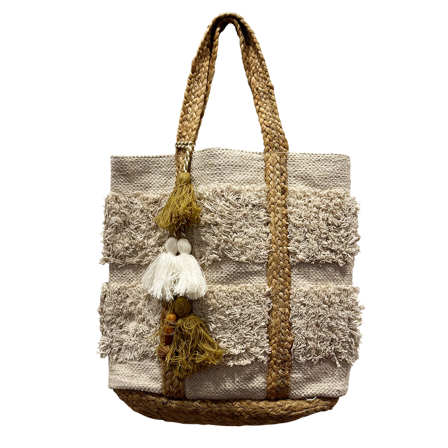 Fluffy Jute and Tapestry Bag with Tassel
