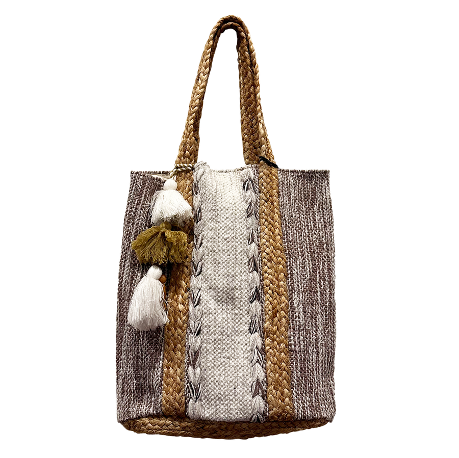 Brown and White Jute Tote with Tassel