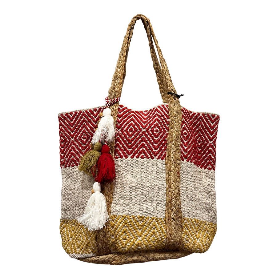 Red White Yellow Jute Beach Bag