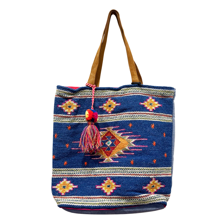 Royal Blue Tapestry Tote with Red Gold Aztec Print