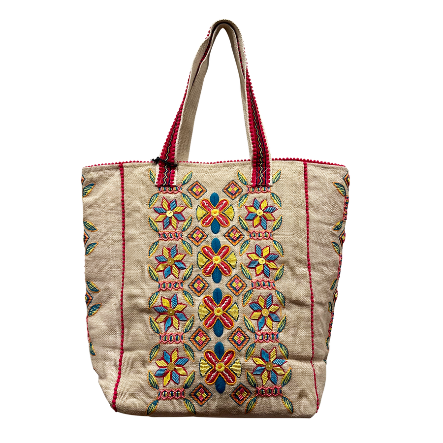 Embroidered and Beaded Flowers on Jute Tote Bag