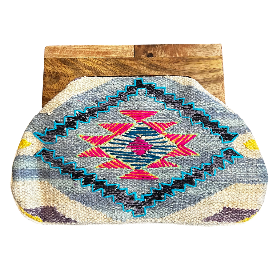 Pink Diamond on Woven Clutch with Wooden Handle