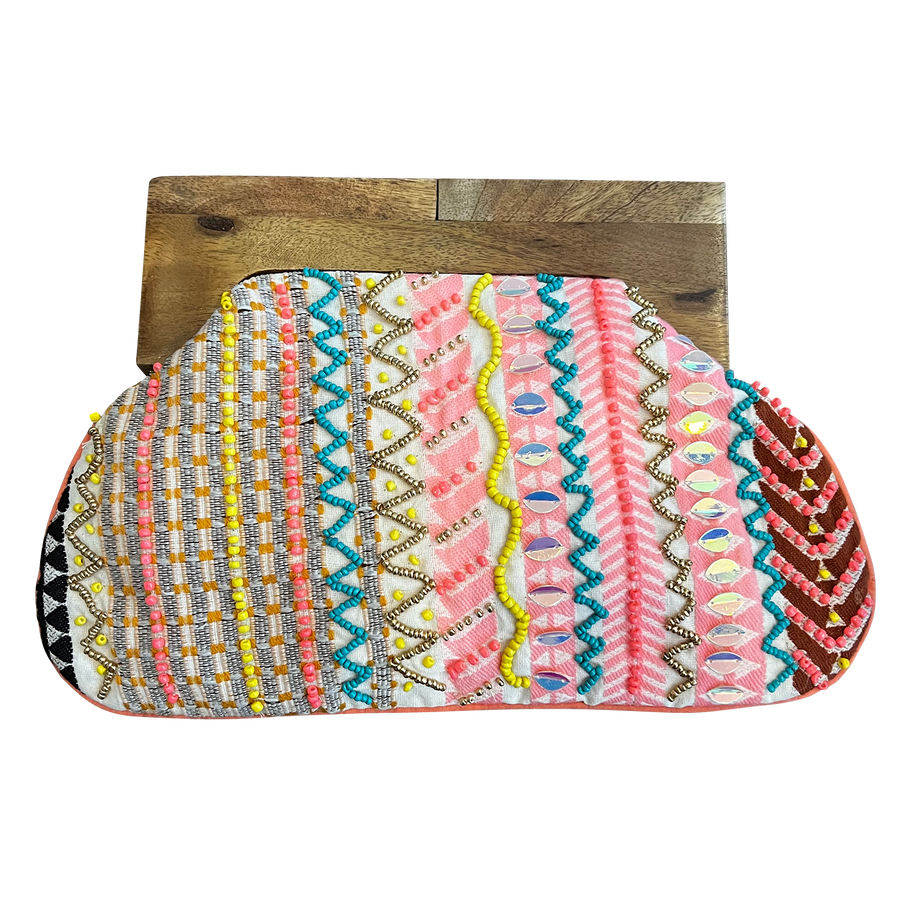 Coral Clutch Beaded with Wooden Handle