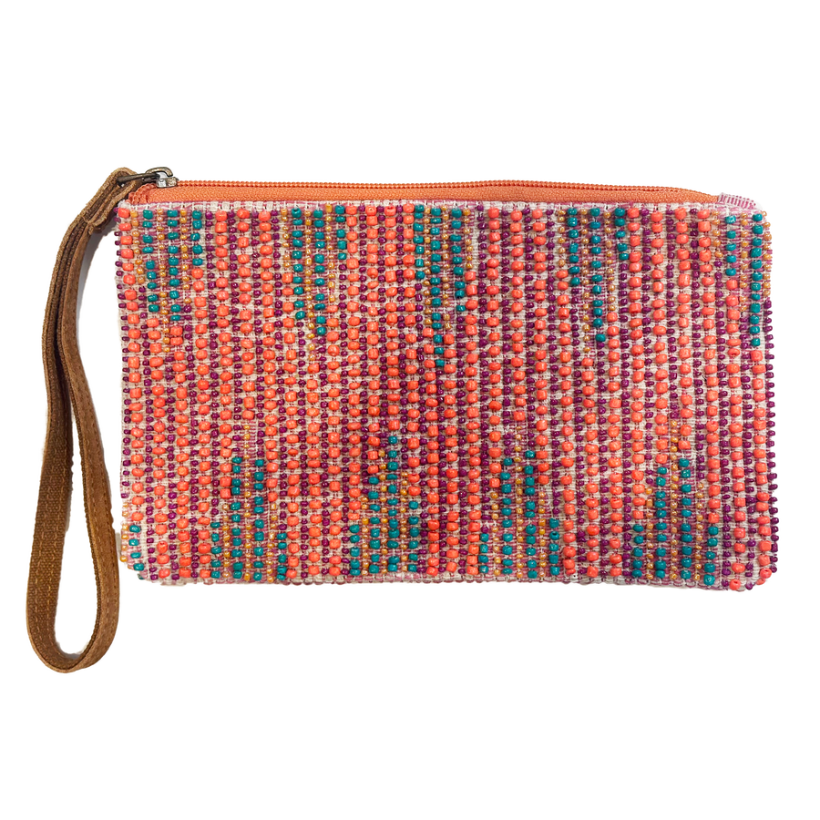Coral Turquoise Pure Cotton Leather Beaded Wristlet
