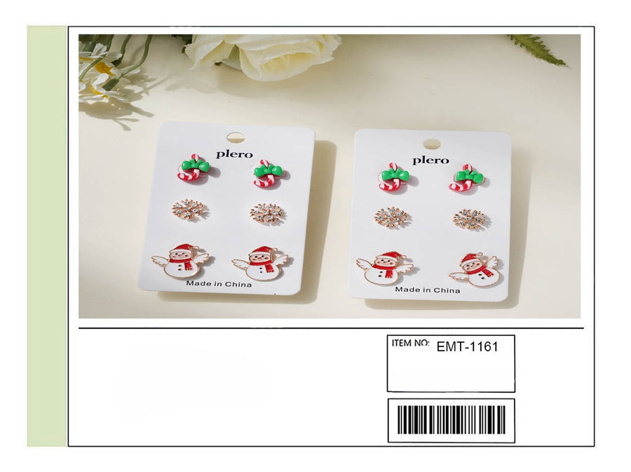 Set of three holiday earrings - Candy Cane, Snowflake & Snowman