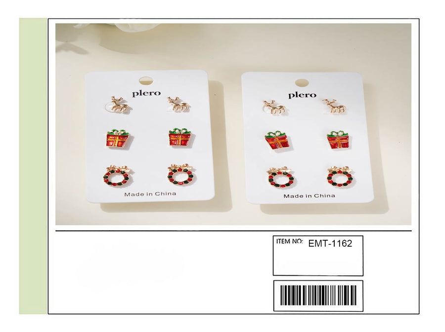 Set of three holiday earrings - Reindeer, Present and Reef