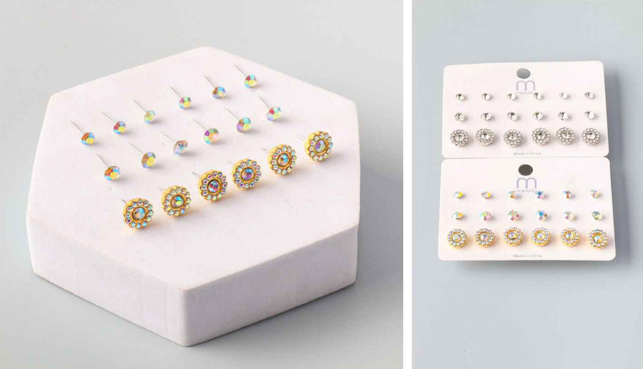 Crystal Studs, 6 gold 6 silver