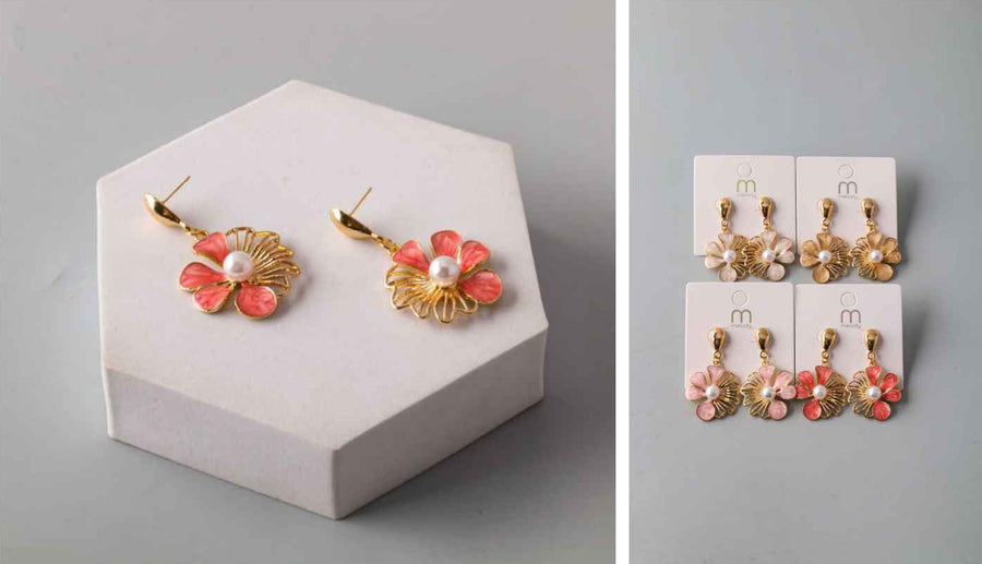 Pink Hue Flowers with Pearl Earrings